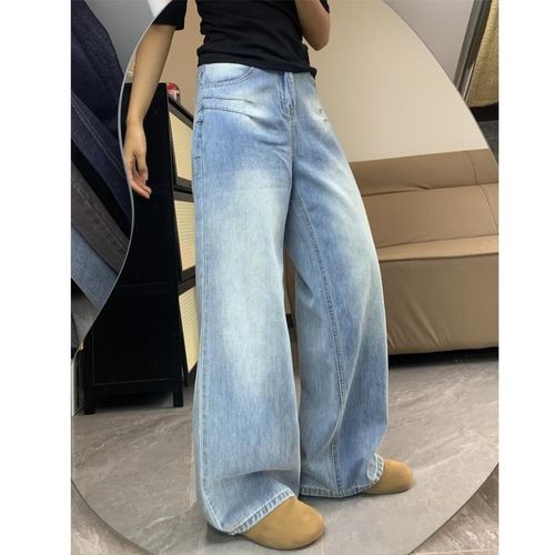 美式复古水洗蓝阔腿牛仔裤女春季新款胖mm梨形身材宽松显瘦直筒裤