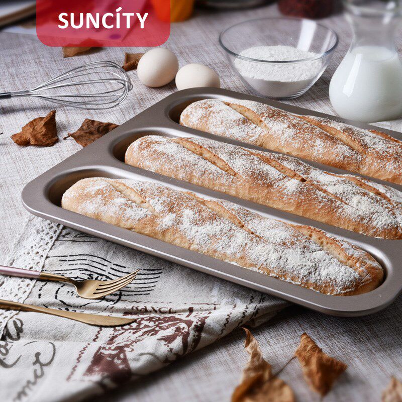 阳辰法棍模具三连法棒烤盘法式面包模具三槽板不粘锅家用香槟金