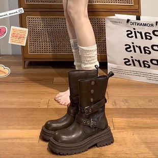 英伦风马丁靴女款 春秋单靴复古两穿中筒靴子厚底黑色短靴 2025新款