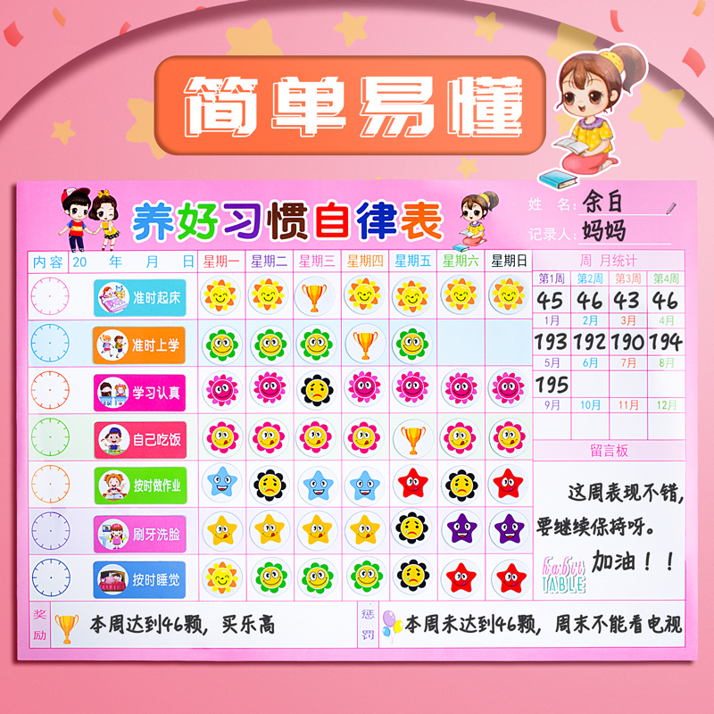 儿童成长自律表每日打卡计划表奖罚家用墙贴小孩好习惯养成行为作