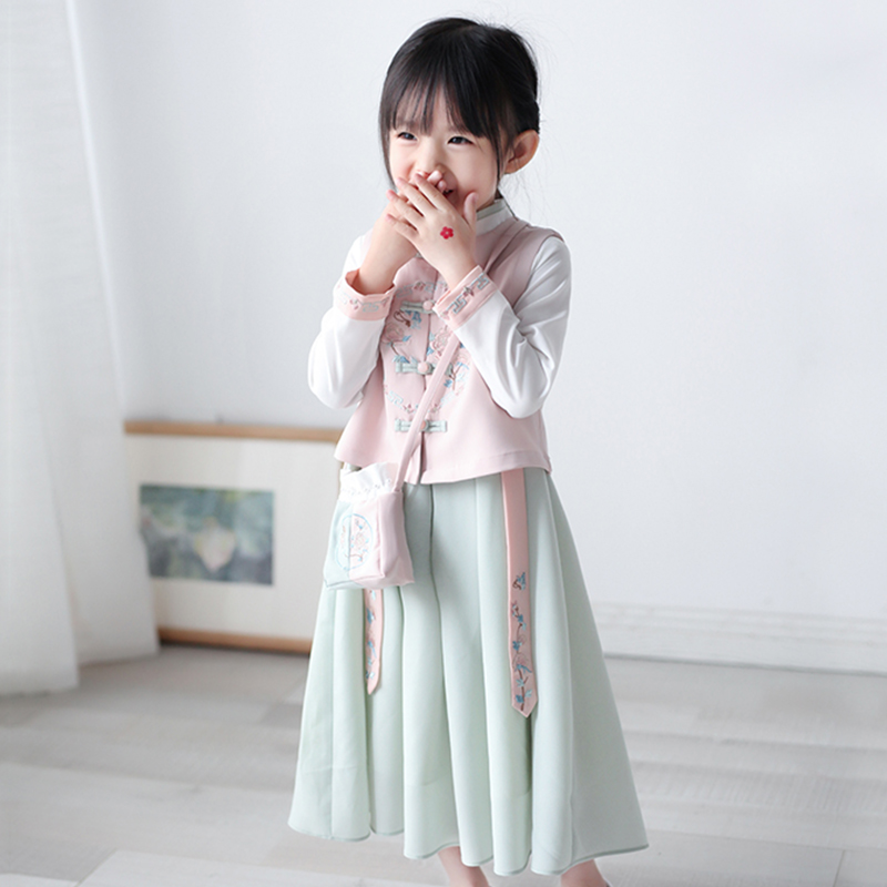 女童汉服春秋粉色马甲外套宝宝绿色连衣裙子套装儿童唐装包包成人