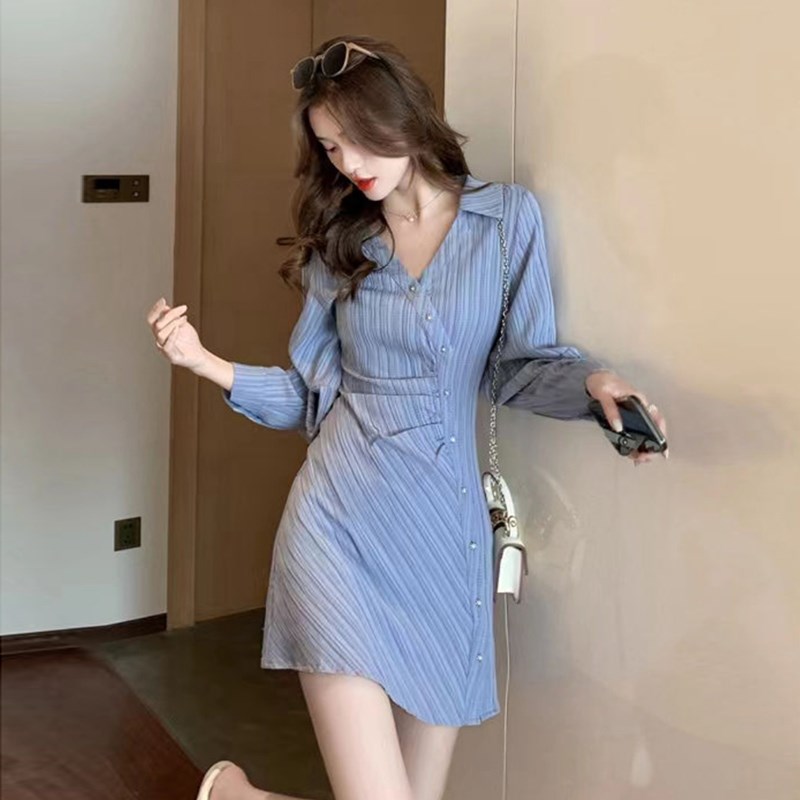 2024年春季新款气质小个子条纹衬衫连衣裙女收腰显瘦裙子甜美6590