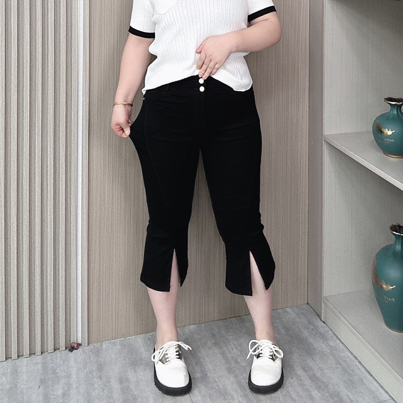 高腰休闲微喇叭裤女夏季2024新款大码女装胖mm弹力显瘦开叉七分裤