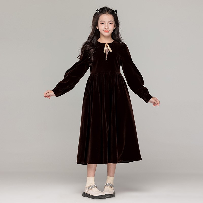 女童红色连衣裙秋冬中大童加绒冬裙公主裙洋气儿童裙子加厚新年