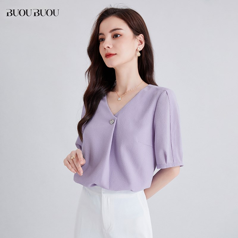 Buou Buou法式捏褶宽松V领肌理感衬衫上衣女WJ3A003