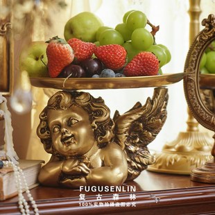复古森林欧式 复古首饰展示水果托盘家居摆件 金色天使铜托盘法式
