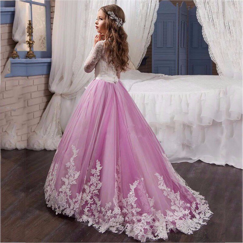 花童礼服婚纱蓬蓬裙儿童长袖公主裙女童生日钢琴小主持人拖尾欧美