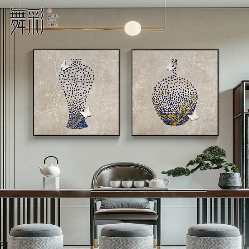 新中式客厅装饰画蓝色青花瓷挂画茶室方形背景墙画高级感组合壁画图片
