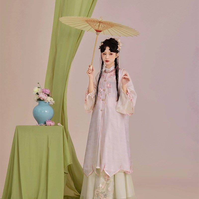 七月夕汉服明制 芙蕖 圆领改良长比甲对襟立领长衫一片式褶裙夏