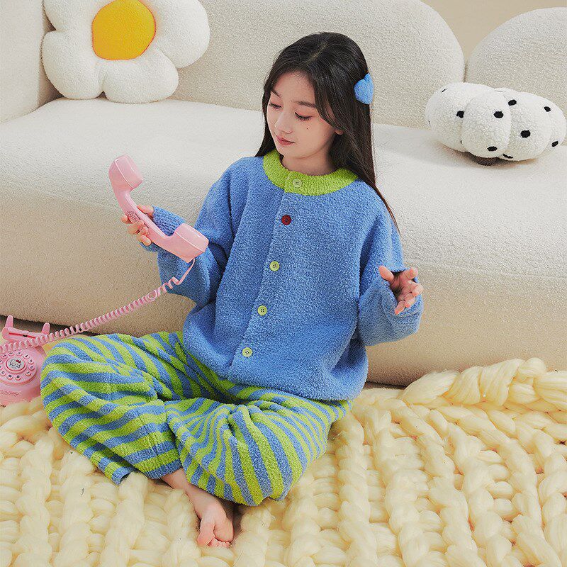 软绵绵儿童珊瑚绒睡衣女童家居服套装宝宝法兰绒半边绒亲子装冬季