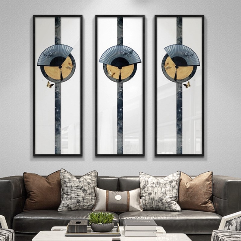 新中式玄关客厅沙发背景墙装饰画酒店别墅走廊过道扇子立体挂画