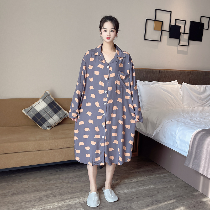 开衫大码睡裙女200斤棉绸春秋长袖家居服胖mm绵绸孕妇睡衣连衣裙