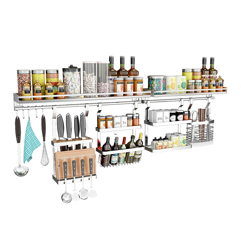 304不锈钢厨房壁挂置物架免打孔调味料用品大全家用多功能收纳架