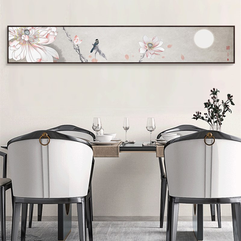 网红新中式客厅沙发背景墙横长条挂画禅意水墨荷花装饰画卧室床头图片