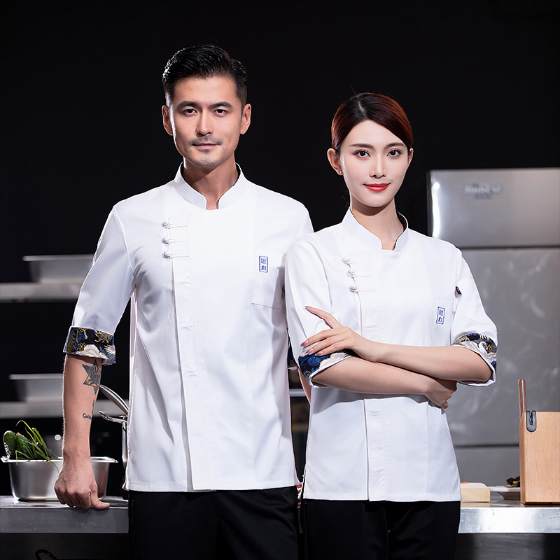 国风防水厨师工作服七分袖男餐饮饭店中式餐厅国潮长袖制服套装女