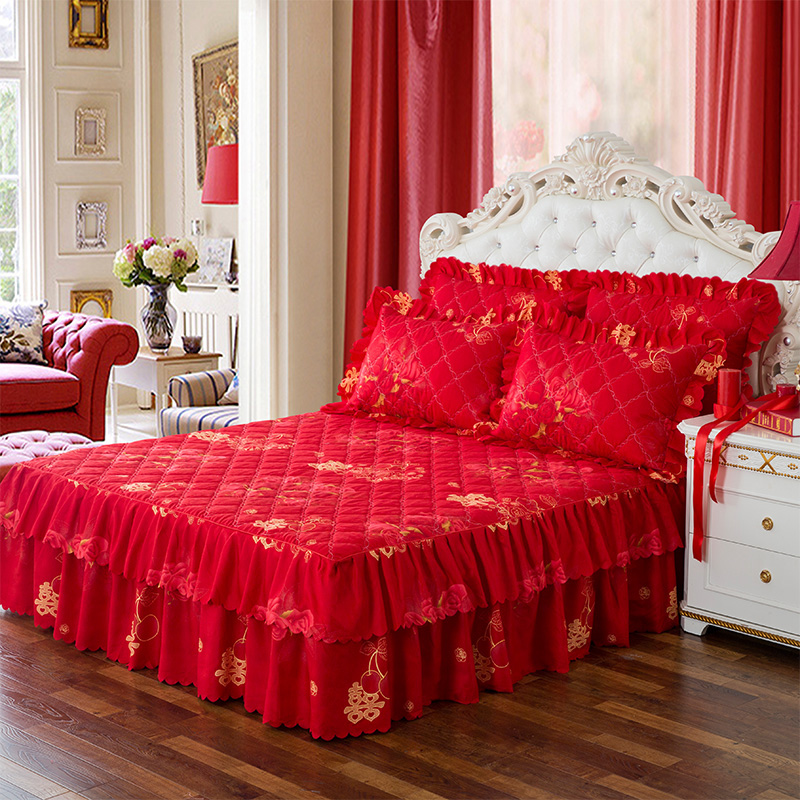 大红色磨毛加厚结婚庆夹棉床裙式床套单件床罩1.5 1.8米2m四件套