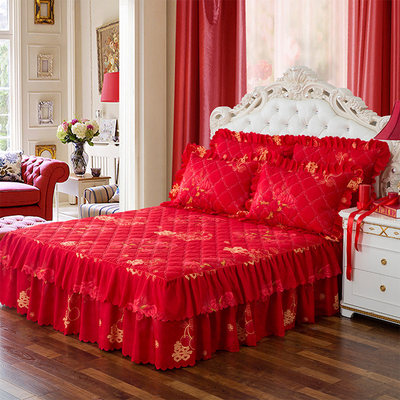 大红色磨毛加厚结婚庆夹棉床裙式床套单件床罩1.5 1.8米2m四件套
