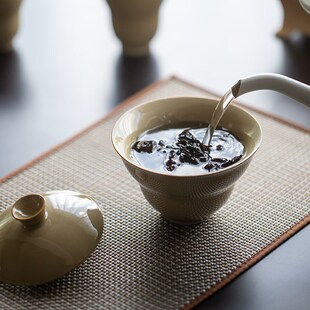 定窑黄葫芦盖碗茶杯单个大号陶瓷功夫茶具家用复古手工折腰泡茶碗