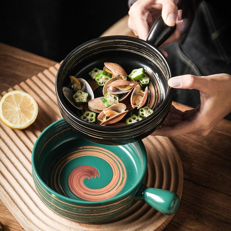 日式烤碗家用陶瓷带手柄水果碗泡面碗沙拉碗专用焗饭碗盘色釉餐具,餐饮具,碗,淘宝优惠券,粉丝福利购,淘宝优惠卷