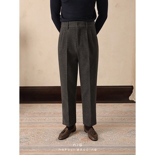 毛呢西裤男冬季好莱坞商务直筒休闲长裤那不勒斯垂感绅士高腰裤子