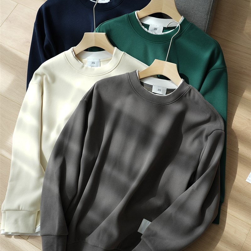 男士保暖一体绒 假两件休闲加绒卫衣 圆领套头针织上衣 秋冬款K