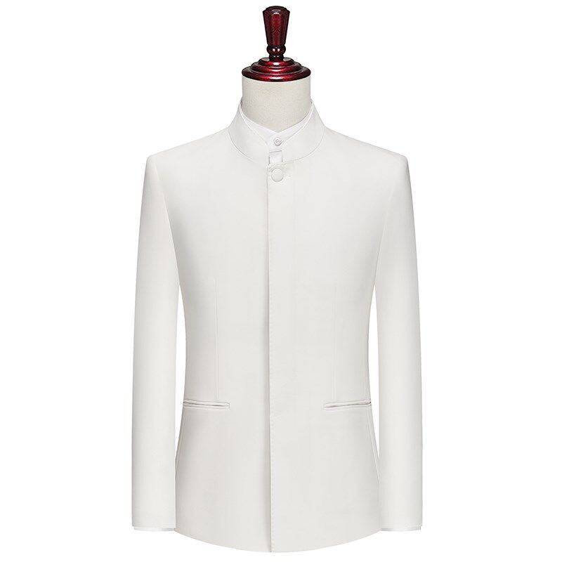 白色中山装男中华立领西服套装中国风演出服唐装中式暗扣结婚礼服