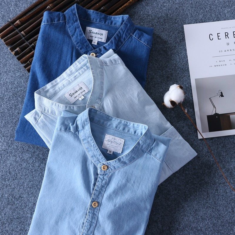 莎芭绮潮男装衬衫条纹圆领牛仔衬衣男士文艺立领修身纯棉长袖衬衫,男装,衬衫,淘宝优惠券,粉丝福利购,淘宝优惠卷