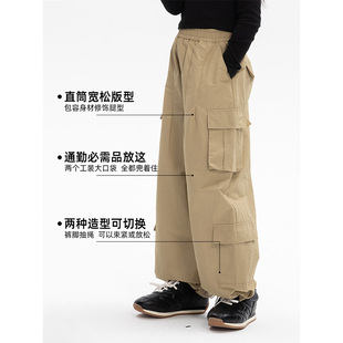 女童美式多口袋工装裤2025春款儿童潮牌阔腿裤中大童直筒运动裤子