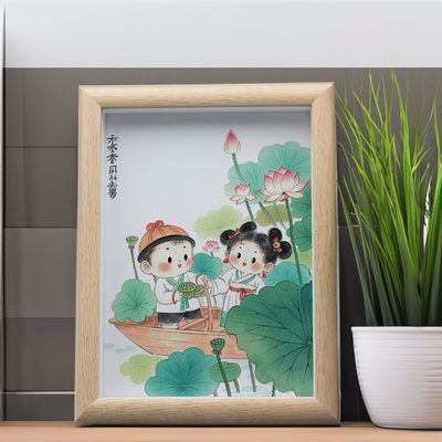 龙凤宝宝莲蓬送子摆件相框可爱娃娃祝福早生贵子水墨画卡通摆台画