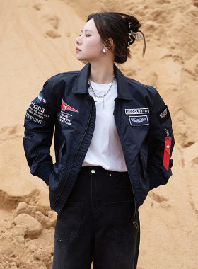 UOD飞行夹克男复古美式刺绣翻领棒球服春秋短款宽松百搭外套情侣