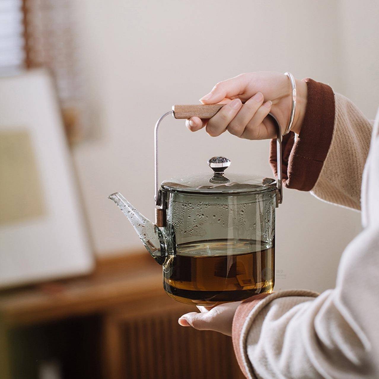 璃享福钢沐壶玻璃提梁壶直身大容量1000ml高端茶壶可电陶炉煮茶器