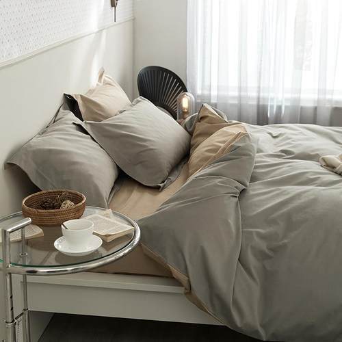 纯棉加厚磨毛四件套全棉简约轻奢拼色秋冬厚款透气纯色磨毛四件套