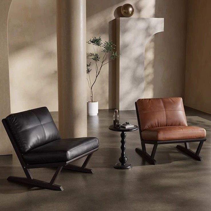 意式极简单人沙发椅油蜡皮休闲椅北欧实木沙发椅创意设计靠背躺椅