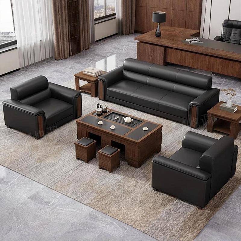 办公室沙发茶几组合商务简约真皮新中式办公沙发接待会客用皮沙发