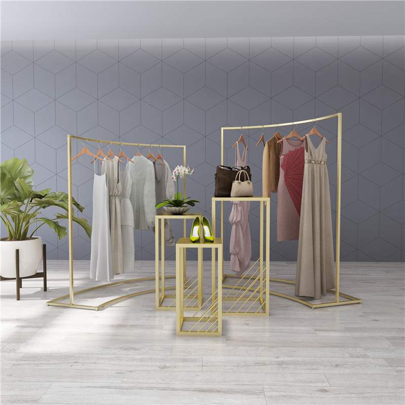 金色服装店展示架落地弧形中岛侧挂衣架流水台组合陈列架创意橱窗