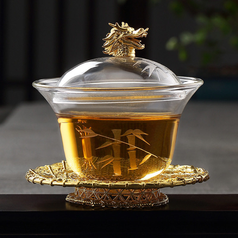 玻璃三才盖碗琉璃茶盖杯单个加厚茶具套装纯手工刻花大号泡茶碗