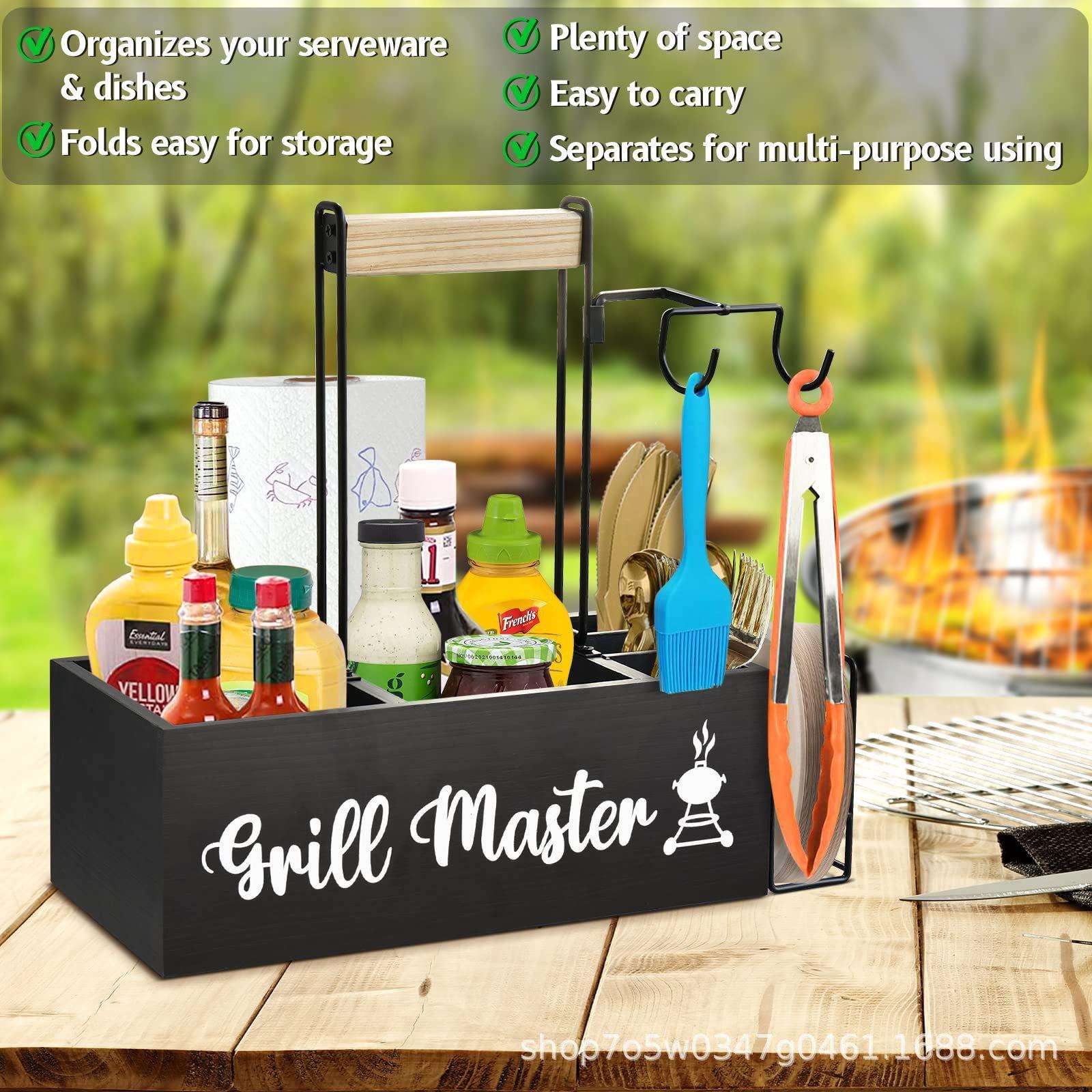 跨境木质手提野餐置物架带纸巾架餐盘架分格调料盒带油刷夹子挂钩