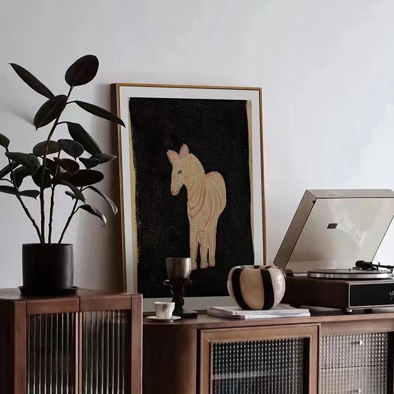 常玉小马现代装饰画餐厅客厅挂画中古风画框原木高级感小众艺术画