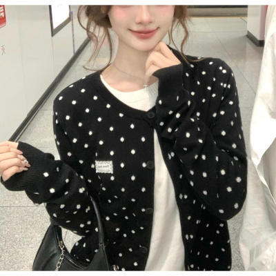 黑色波点假两件针织开衫上衣女早秋小个子毛衣外套
