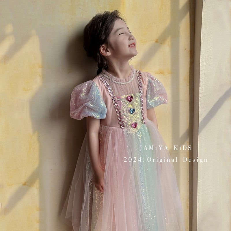 粉色公主裙女童夏季新款渐变彩虹儿童生日礼服洋气小宝宝连衣裙子