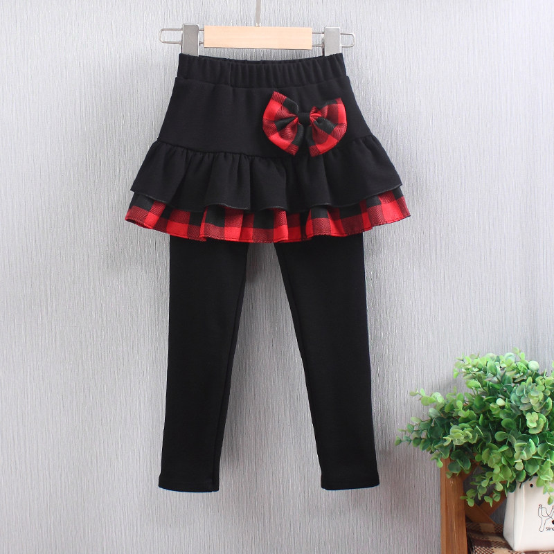 格子女宝宝打底裤女童裤子儿童裙裤秋冬童装厚款棉百褶裙长裤加绒