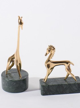 纯铜鹿样板房摆件北欧创意新房绿色大理石美式客厅桌子酒柜电视柜