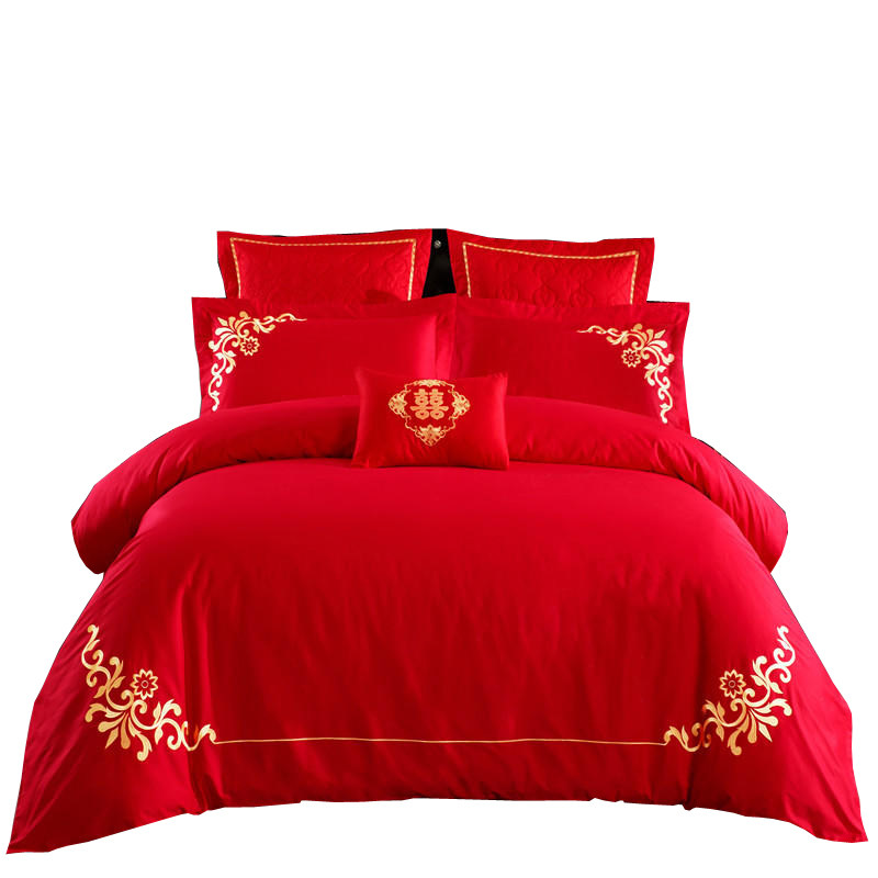 婚庆四件套全棉结婚纯棉大红色六七件套新婚房床上用品床单被套件