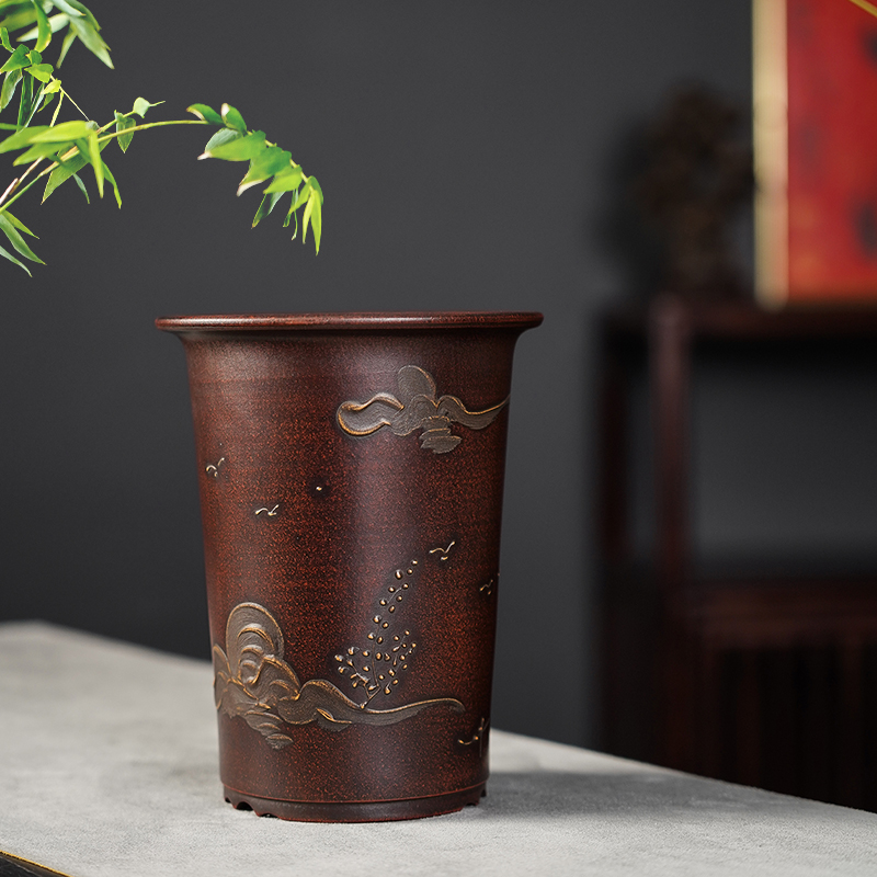 清香阁 摹古清款泥绘紫砂花盆 桌面小盆绿植盆景多肉菖蒲老味花器