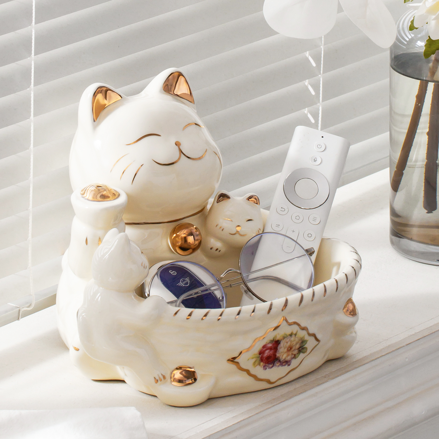 轻奢陶瓷招财猫钥匙收纳托盘摆件
