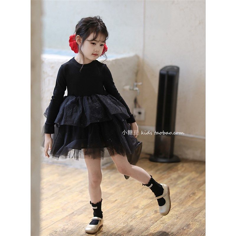 女童亮片网纱小黑裙长袖连衣裙2025春新款女孩蓬蓬公主裙生日礼服