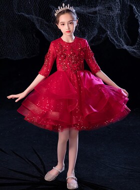 女童生日公主裙红色儿童晚礼服花童演奏小主持人钢琴演出服秋季女