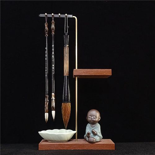 铜杆笔架毛笔挂毛笔学生墨碟黄铜摆件挂笔卖笔实木架毛笔架创意架