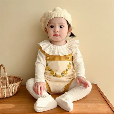 女宝宝秋装针织背带裤外套套装手工绣花毛衣开衫连体包屁衣秋冬季