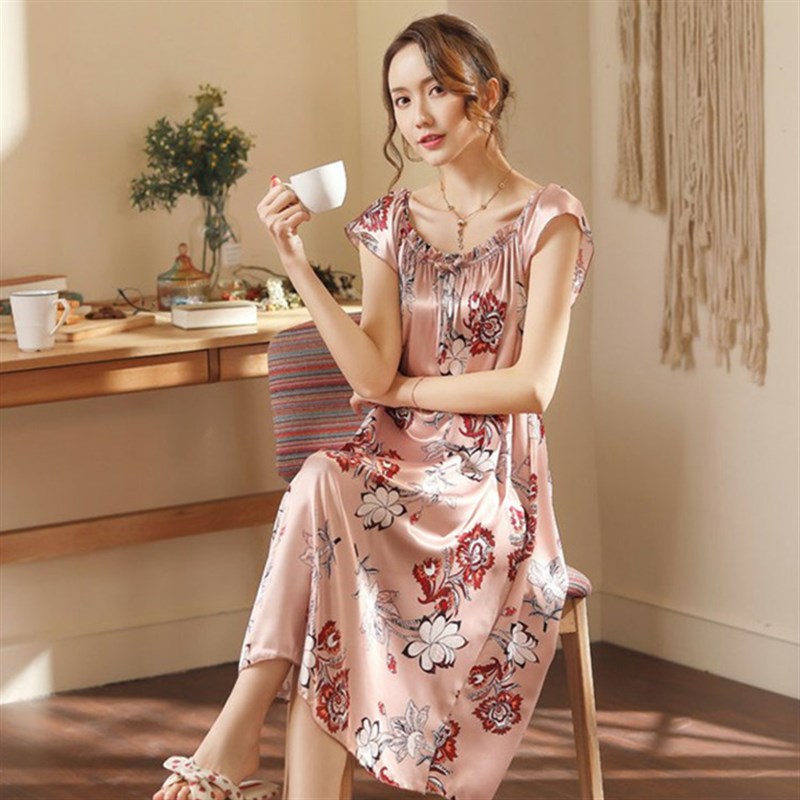 宫廷式复古风优雅丝绸睡裙夏装女宽松加大码长裙200斤肥婆睡衣5XL